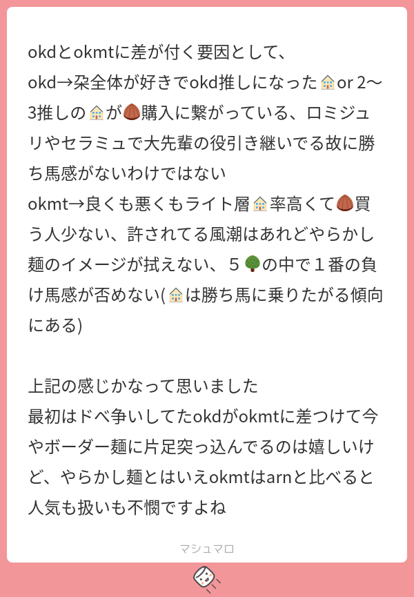 Okdm okdとokmtに差が付く要因として、 okd→朶全体が好きでokd推しになった🏠or 2~3推しの🏠が🌰購入に繋がっている、ロミジュリやセ ...